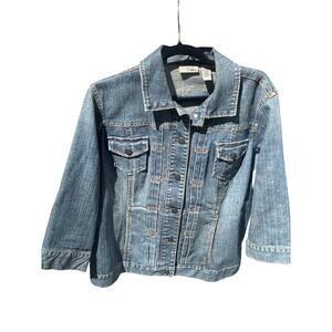 Chicos Platinum Denim Jacket Pockets 2/L Utility Boho Western Cotton Blend